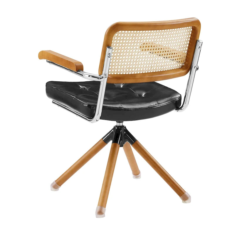Fauteuil pivotant d'appoint marron/vert/blanc cassé/noir avec dossier en rotin et pieds en bois – 1 place