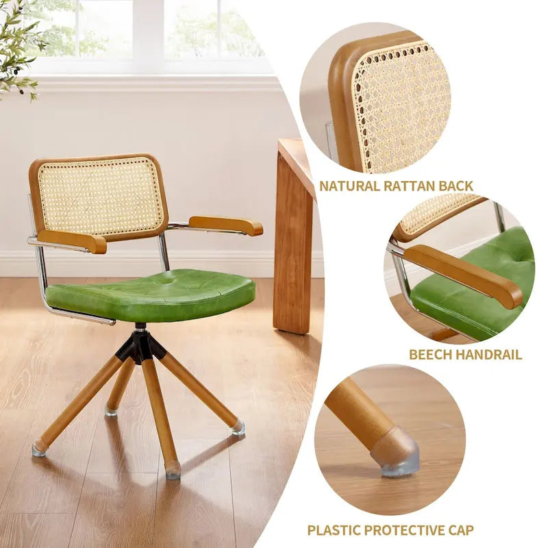 Fauteuil pivotant d'appoint marron/vert/blanc cassé/noir avec dossier en rotin et pieds en bois – 1 place
