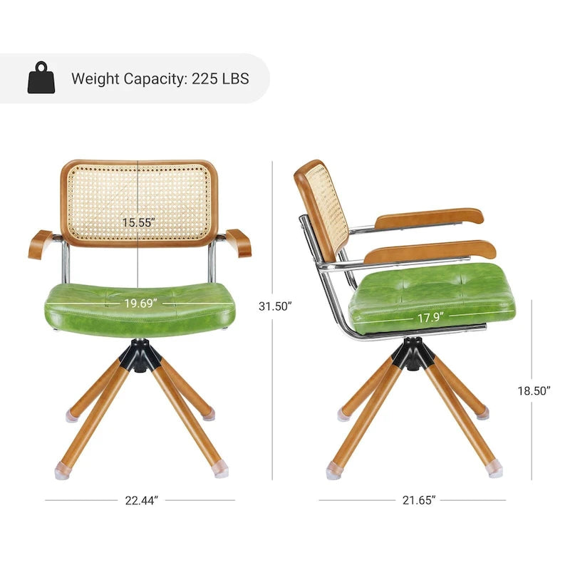 Fauteuil pivotant d'appoint marron/vert/blanc cassé/noir avec dossier en rotin et pieds en bois – 1 place