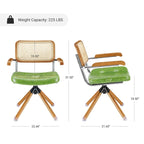 Fauteuil pivotant d'appoint marron/vert/blanc cassé/noir avec dossier en rotin et pieds en bois – 1 place