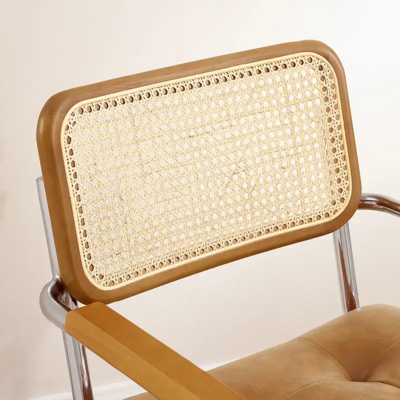 Fauteuil pivotant d'appoint marron/vert/blanc cassé/noir avec dossier en rotin et pieds en bois – 1 place