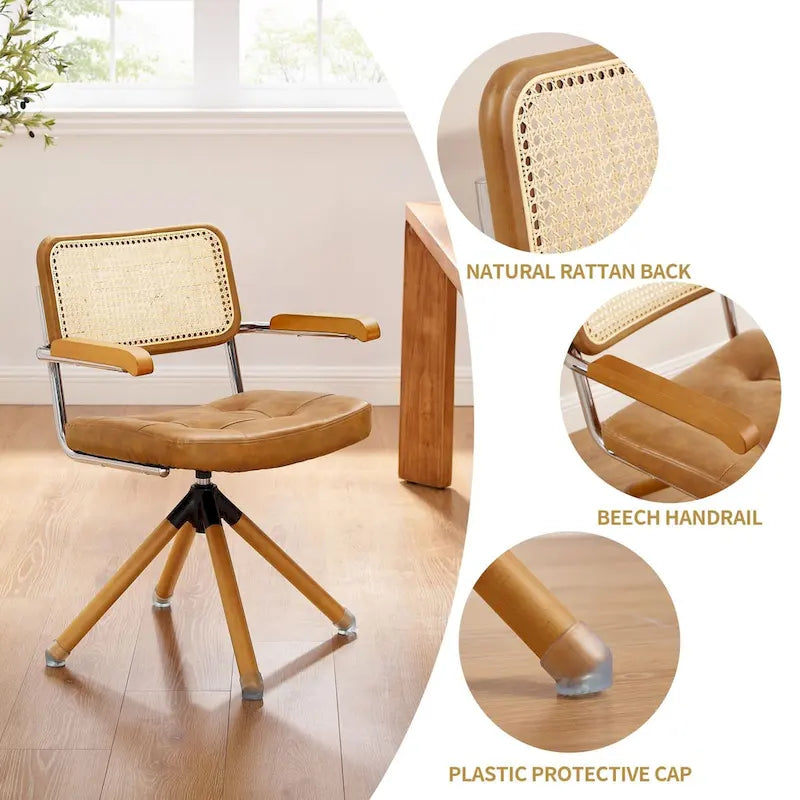 Fauteuil pivotant d'appoint marron/vert/blanc cassé/noir avec dossier en rotin et pieds en bois – 1 place