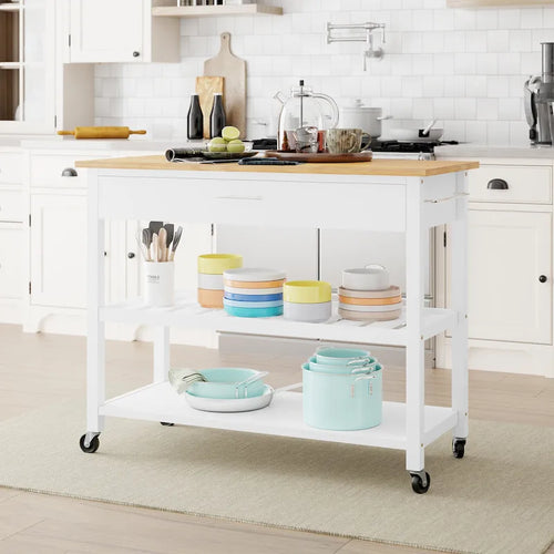 Futzca Kitchen Island Cart on Wheels with Large Worktop,Towel Rack,Drawers and Open Shelves - N/A