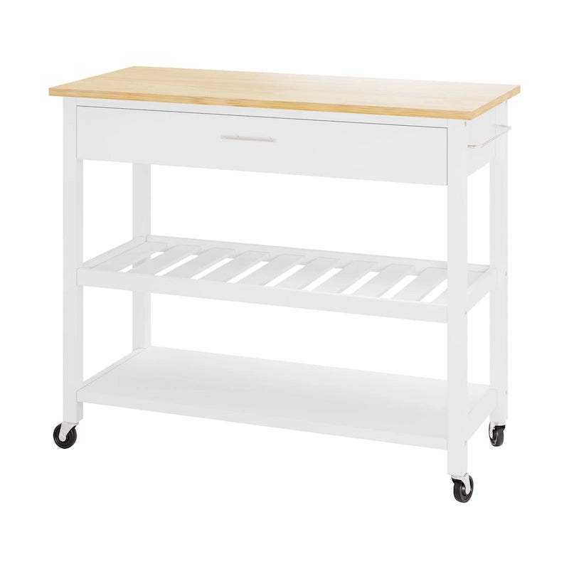Meuble îlot de cuisine à roulettes en bois noir/blanc avec plan de travail, tiroirs, étagères ouvertes et porte-serviettes – Une seule pièce