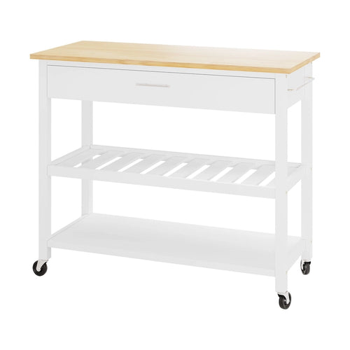 Meuble îlot de cuisine à roulettes en bois noir/blanc avec plan de travail, tiroirs, étagères ouvertes et porte-serviettes – Une seule pièce