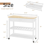 Meuble îlot de cuisine à roulettes en bois noir/blanc avec plan de travail, tiroirs, étagères ouvertes et porte-serviettes – Une seule pièce