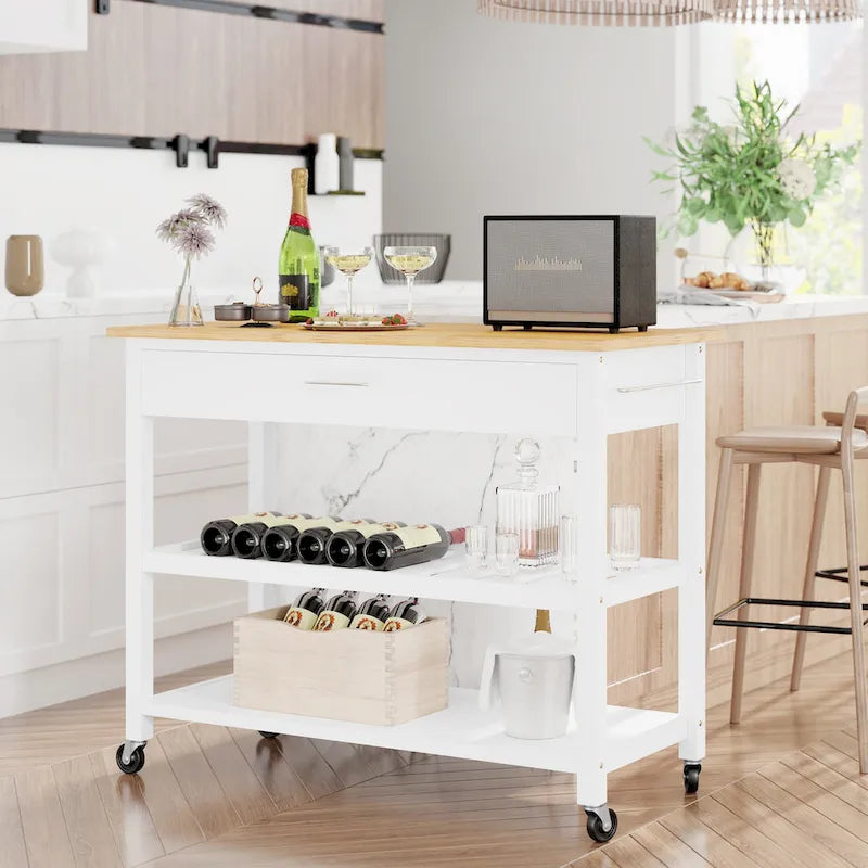 Meuble îlot de cuisine à roulettes en bois noir/blanc avec plan de travail, tiroirs, étagères ouvertes et porte-serviettes – Une seule pièce
