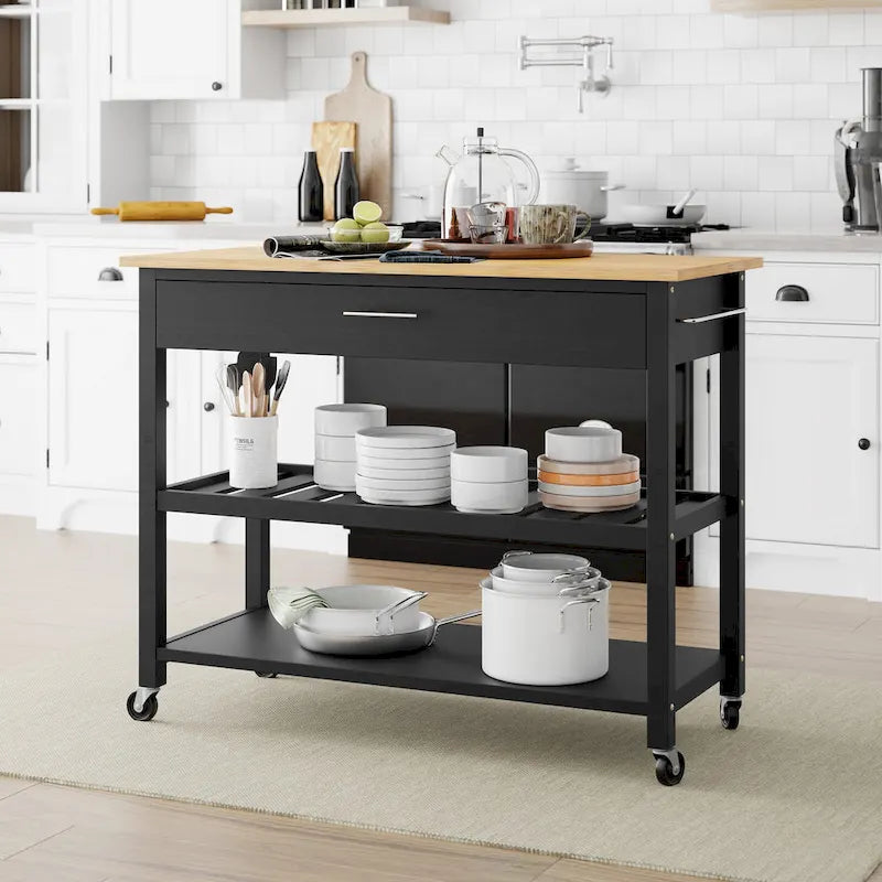 Meuble îlot de cuisine à roulettes en bois noir/blanc avec plan de travail, tiroirs, étagères ouvertes et porte-serviettes – Une seule pièce