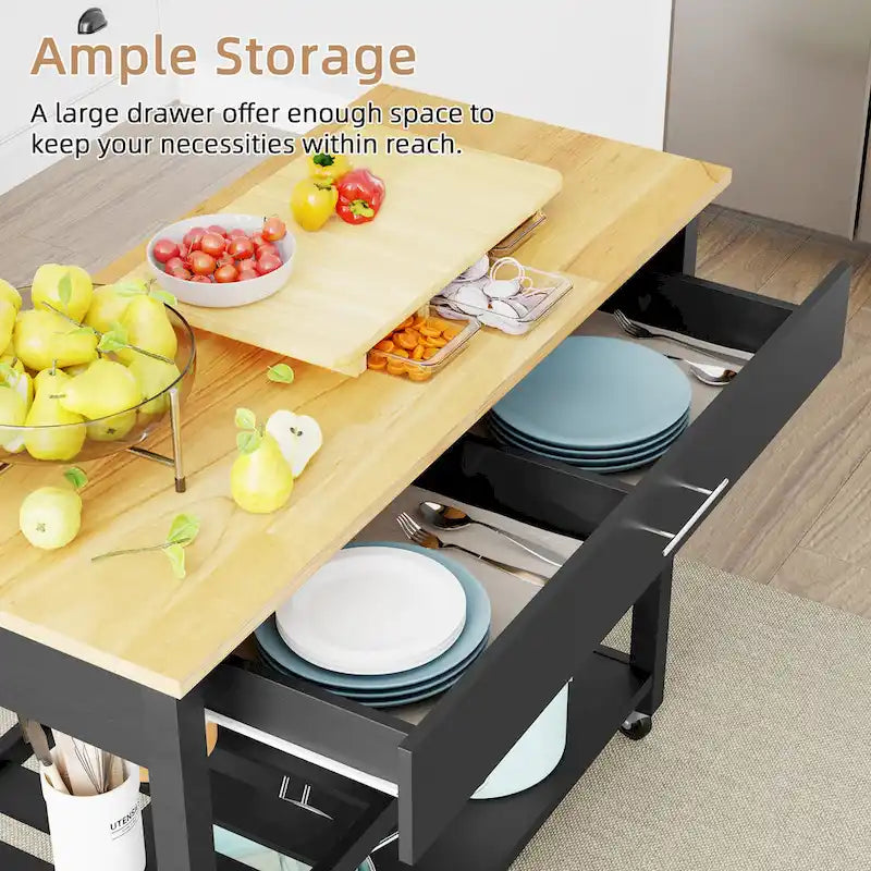 Meuble îlot de cuisine à roulettes en bois noir/blanc avec plan de travail, tiroirs, étagères ouvertes et porte-serviettes – Une seule pièce