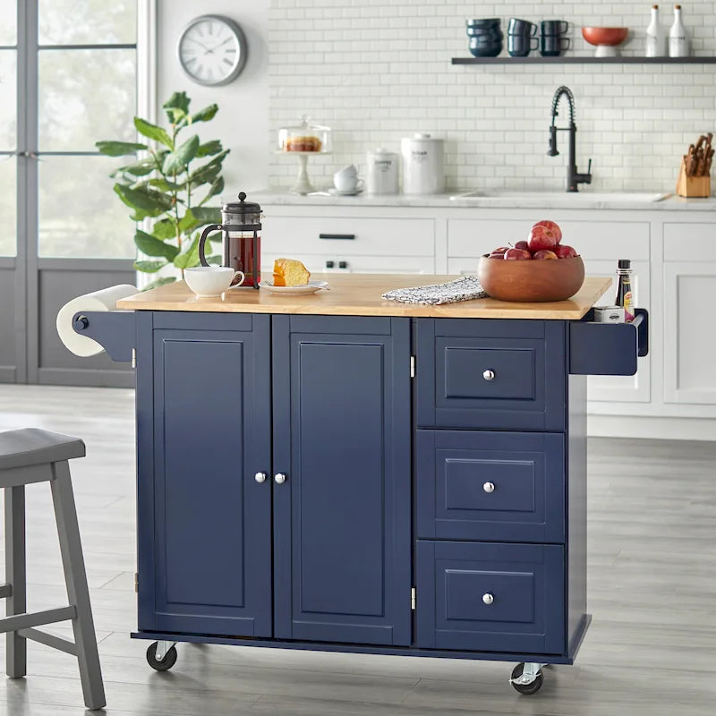 Chariot de cuisine à abattant 3 tiroirs Noir / Gris clair / Rouge / Blanc / Gris anthracite / Cerisier / Bleu indigo – Cadre en bois avec armoire, Unité simple