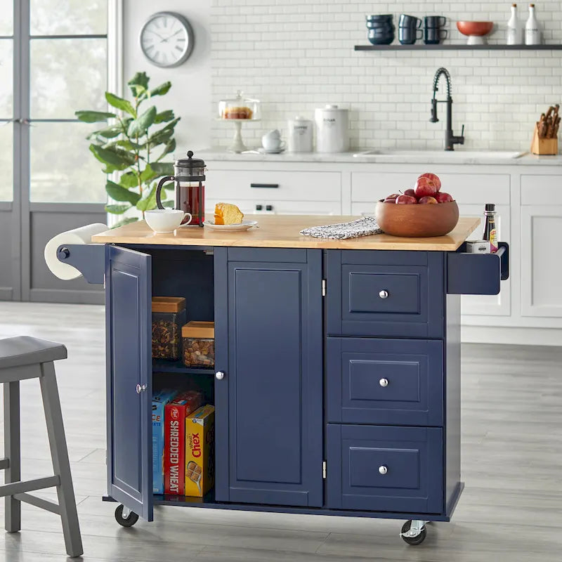 Chariot de cuisine à abattant 3 tiroirs Noir / Gris clair / Rouge / Blanc / Gris anthracite / Cerisier / Bleu indigo – Cadre en bois avec armoire, Unité simple