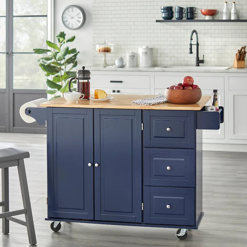 Chariot de cuisine à abattant 3 tiroirs Noir / Gris clair / Rouge / Blanc / Gris anthracite / Cerisier / Bleu indigo – Cadre en bois avec armoire, Unité simple