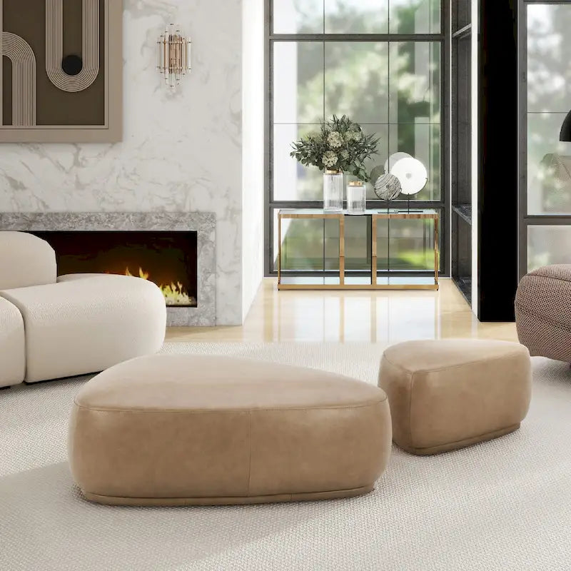 Pouf triangulaire arrondi jaune moutarde / havane – Style moderne, pour 1 à 2 personnes