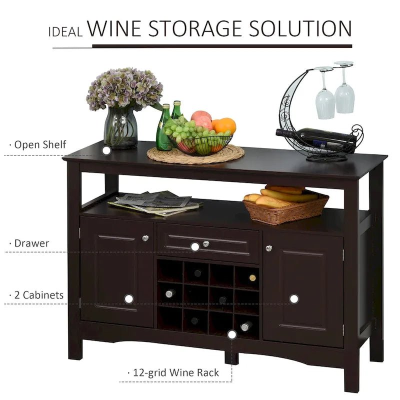 Buffet/bar de cuisine moderne expresso/blanc avec tiroir, 2 placards et casier à vin pour 12 bouteilles – Unité individuelle