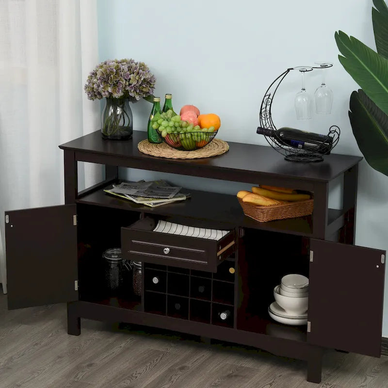 Buffet/bar de cuisine moderne expresso/blanc avec tiroir, 2 placards et casier à vin pour 12 bouteilles – Unité individuelle
