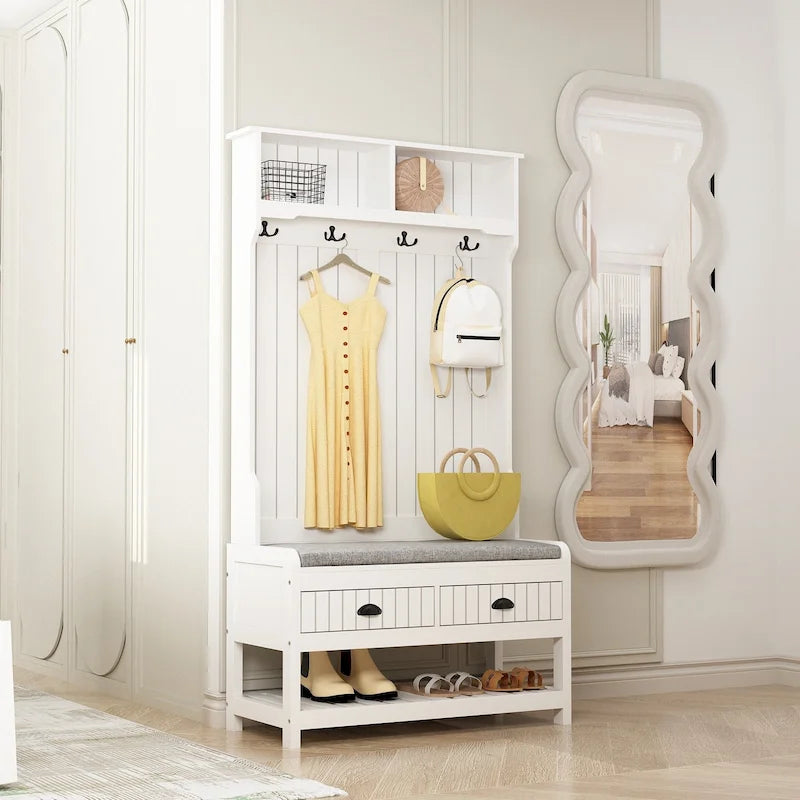 Porte-manteau 3-en-1 Blanc / Noir / Gris avec banc et rangement à chaussures – Style moderne, Utilisation familiale