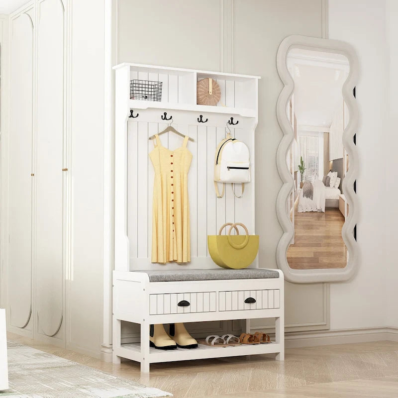 Porte-manteau 3-en-1 Blanc / Noir / Gris avec banc et rangement à chaussures – Style moderne, Utilisation familiale