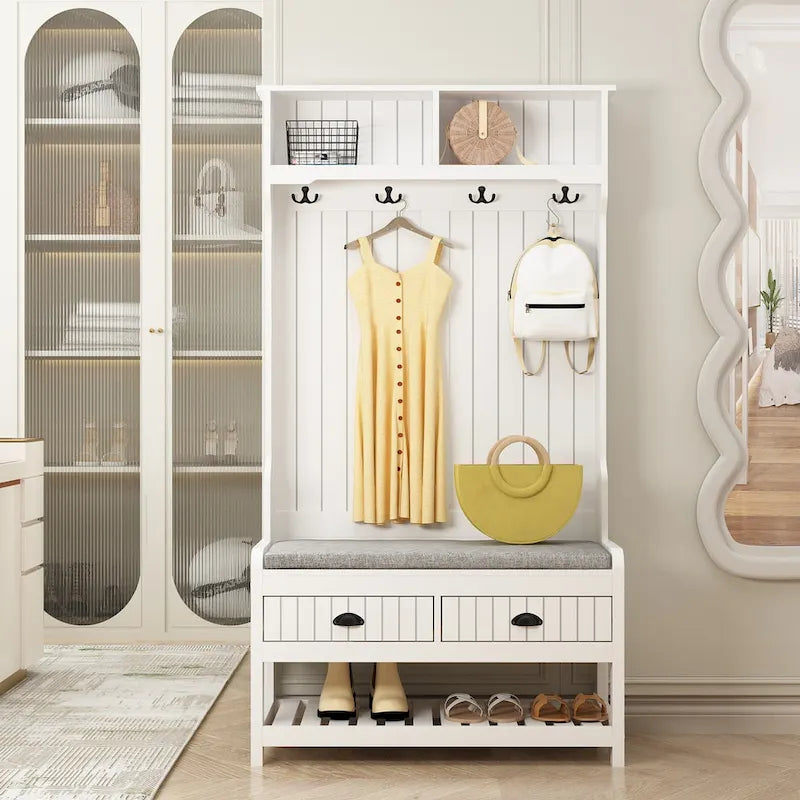 Porte-manteau 3-en-1 Blanc / Noir / Gris avec banc et rangement à chaussures – Style moderne, Utilisation familiale