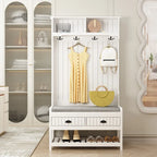Porte-manteau 3-en-1 Blanc / Noir / Gris avec banc et rangement à chaussures – Style moderne, Utilisation familiale