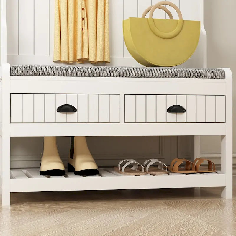 Porte-manteau 3-en-1 Blanc / Noir / Gris avec banc et rangement à chaussures – Style moderne, Utilisation familiale