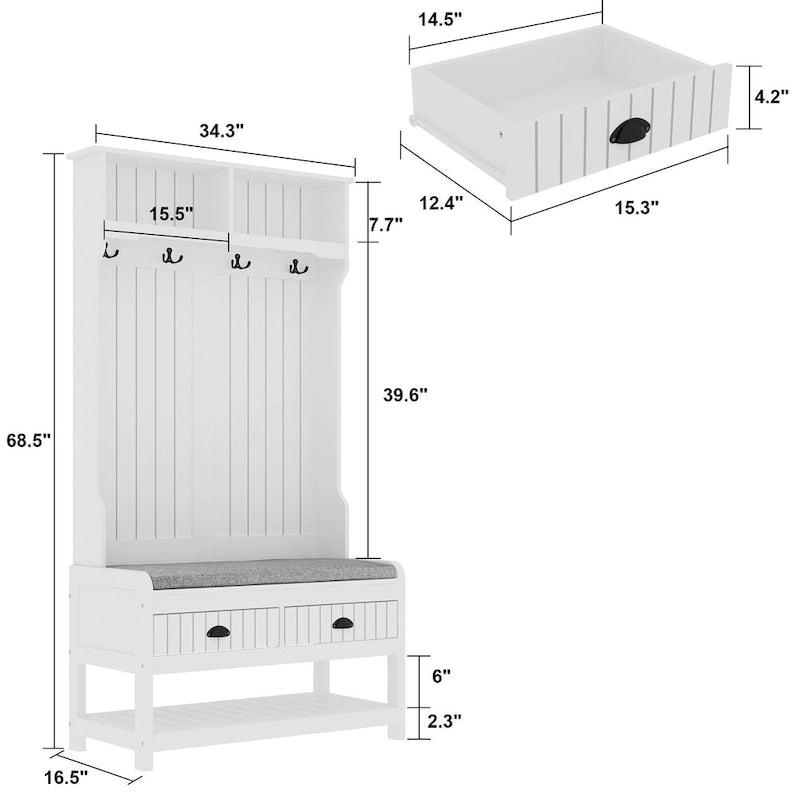 Porte-manteau 3-en-1 Blanc / Noir / Gris avec banc et rangement à chaussures – Style moderne, Utilisation familiale