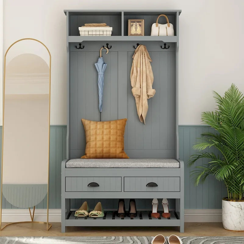 Porte-manteau 3-en-1 Blanc / Noir / Gris avec banc et rangement à chaussures – Style moderne, Utilisation familiale