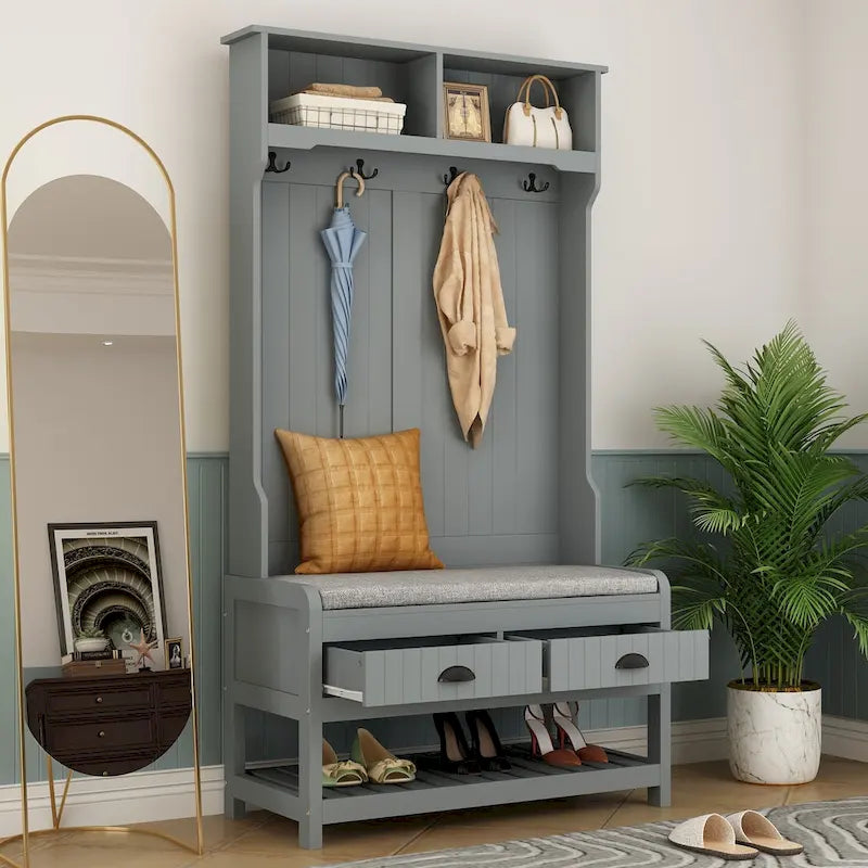 Porte-manteau 3-en-1 Blanc / Noir / Gris avec banc et rangement à chaussures – Style moderne, Utilisation familiale