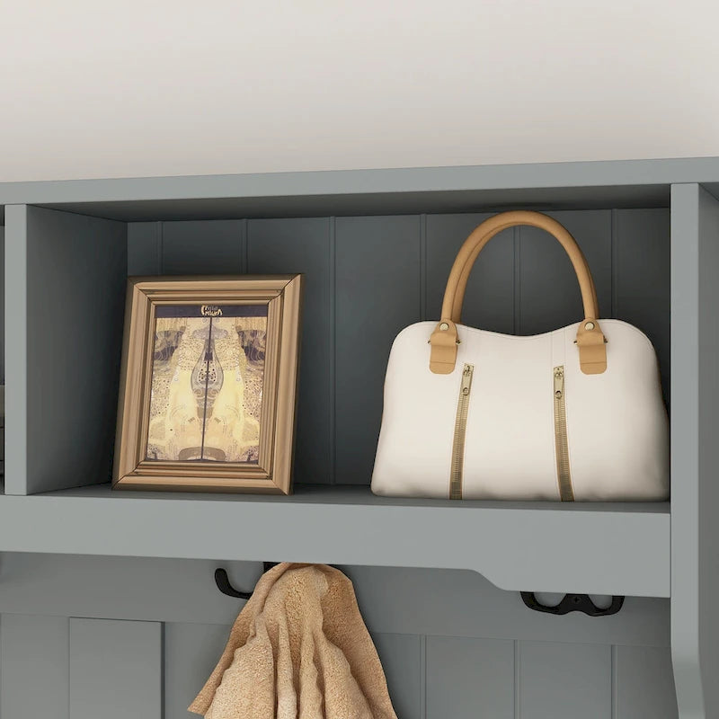 Porte-manteau 3-en-1 Blanc / Noir / Gris avec banc et rangement à chaussures – Style moderne, Utilisation familiale