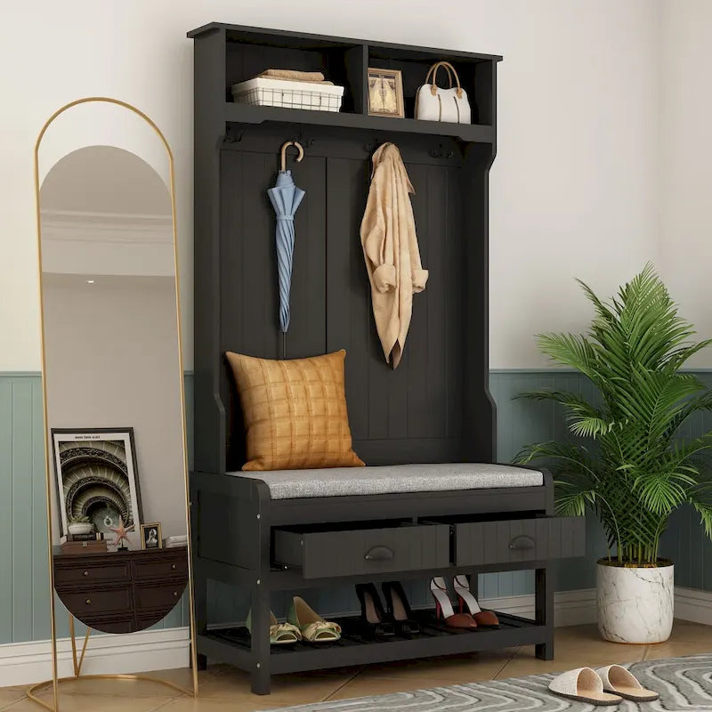 Porte-manteau 3-en-1 Blanc / Noir / Gris avec banc et rangement à chaussures – Style moderne, Utilisation familiale