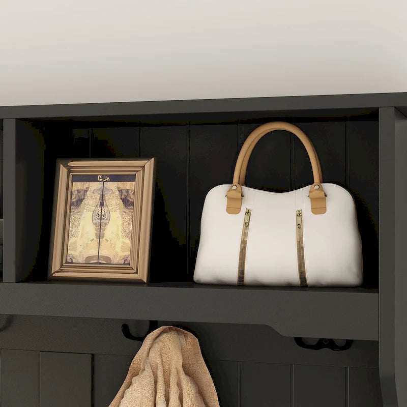 Porte-manteau 3-en-1 Blanc / Noir / Gris avec banc et rangement à chaussures – Style moderne, Utilisation familiale