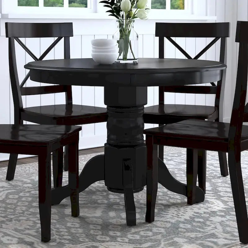 Table de salle à manger ronde sur pied – Multi / Blanc cassé / Noir – En bois massif, pouvant accueillir jusqu'à 4 personnes