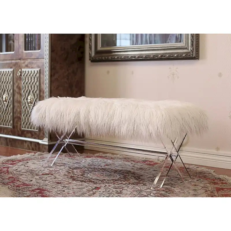 Banc rose et blanc en fausse fourrure avec pieds en X – Style glamour, 2 places