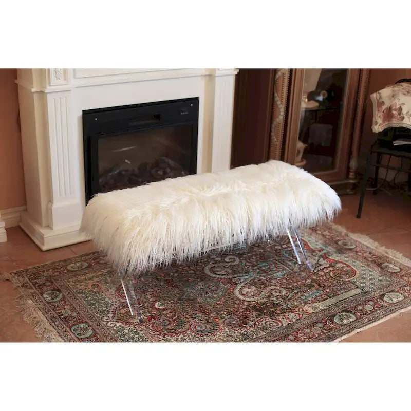 Banc rose et blanc en fausse fourrure avec pieds en X – Style glamour, 2 places
