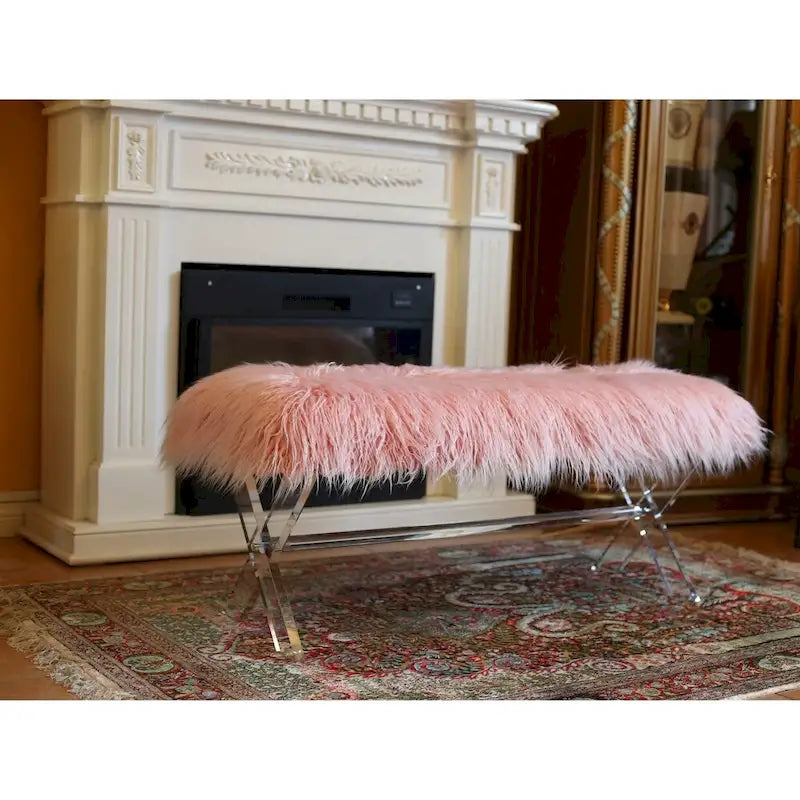 Banc rose et blanc en fausse fourrure avec pieds en X – Style glamour, 2 places