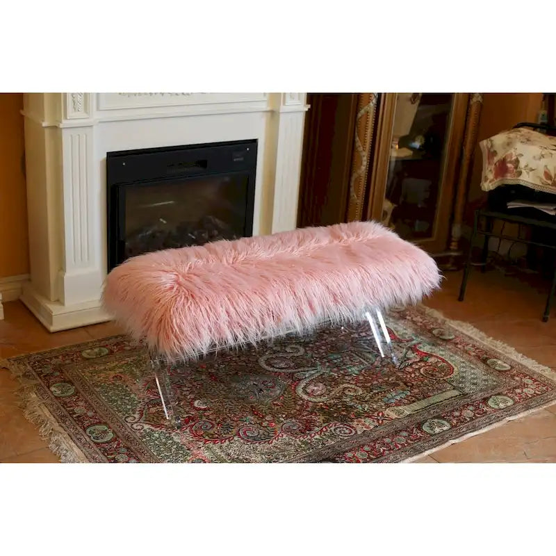 Banc rose et blanc en fausse fourrure avec pieds en X – Style glamour, 2 places