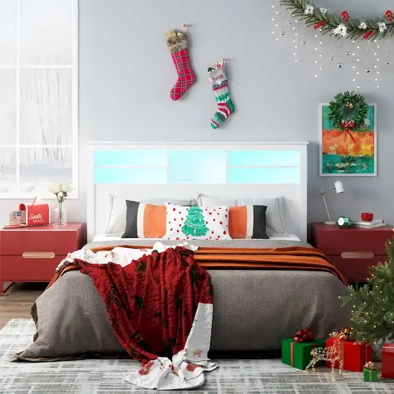Tête de lit bibliothèque Blanche Queen avec lumières LED et gestion des câbles – Style contemporain, pour 1 ou 2 personnes