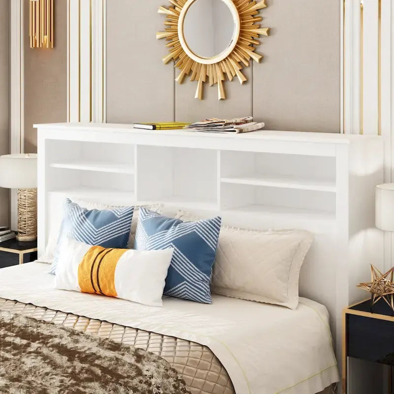 Tête de lit bibliothèque Blanche Queen avec lumières LED et gestion des câbles – Style contemporain, pour 1 ou 2 personnes
