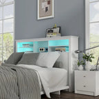 Tête de lit bibliothèque Blanche Queen avec lumières LED et gestion des câbles – Style contemporain, pour 1 ou 2 personnes