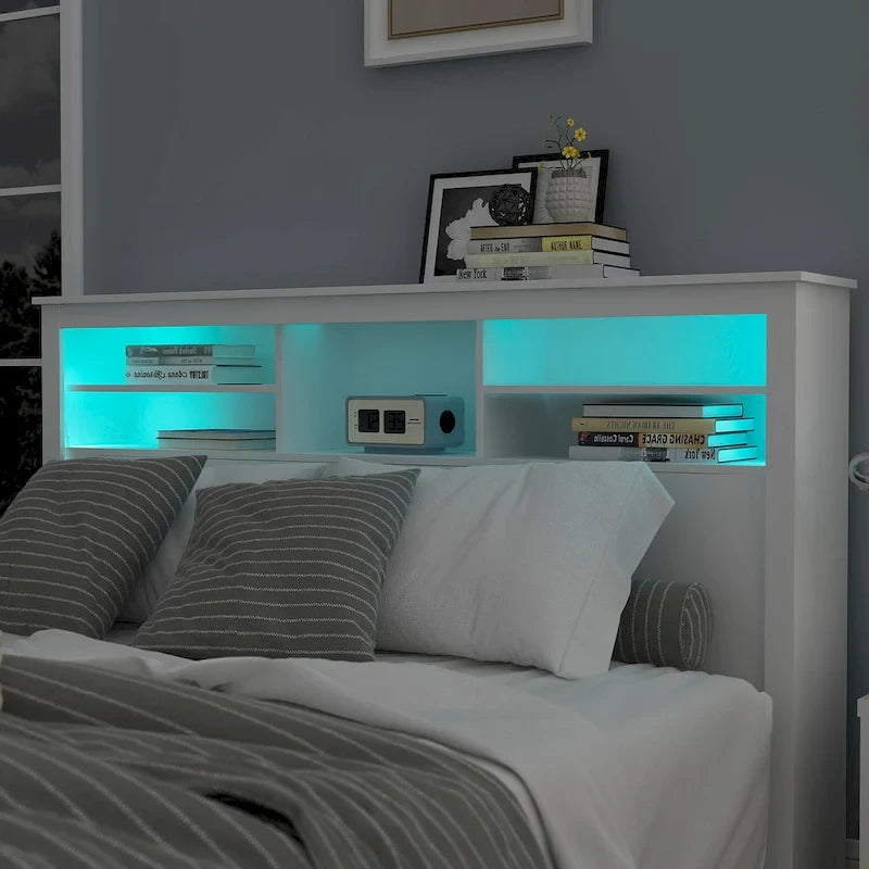 Tête de lit bibliothèque Blanche Queen avec lumières LED et gestion des câbles – Style contemporain, pour 1 ou 2 personnes