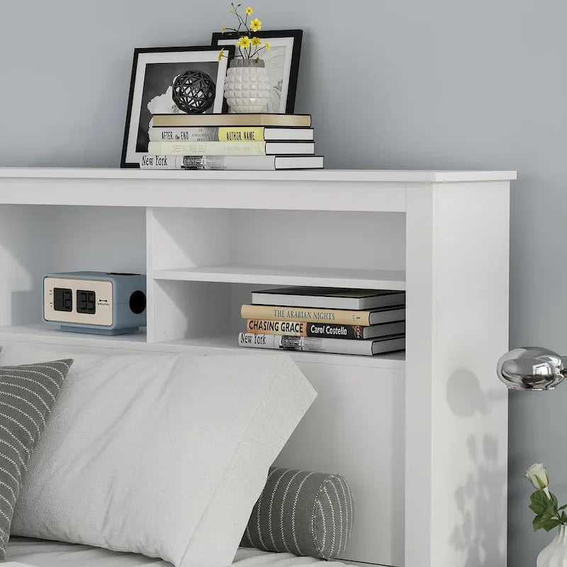 Tête de lit bibliothèque Blanche Queen avec lumières LED et gestion des câbles – Style contemporain, pour 1 ou 2 personnes