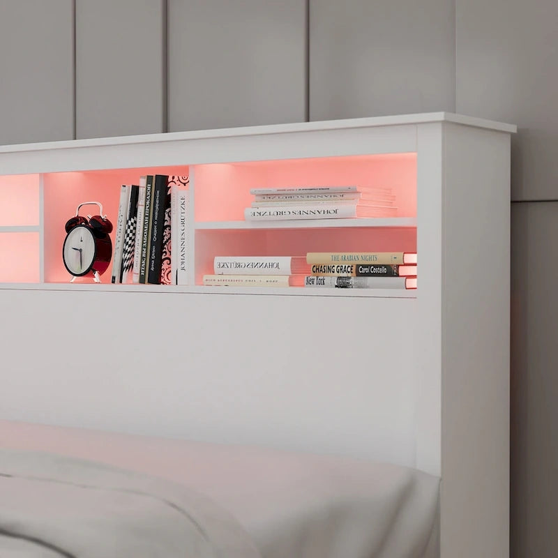 Tête de lit bibliothèque Blanche Queen avec lumières LED et gestion des câbles – Style contemporain, pour 1 ou 2 personnes