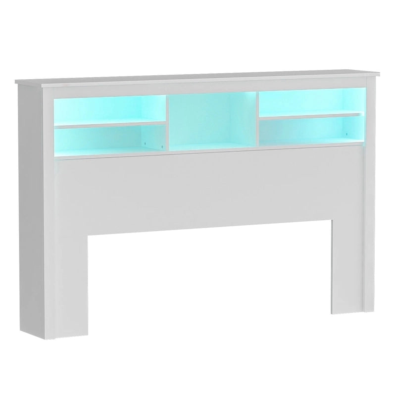 Tête de lit bibliothèque Blanche Queen avec lumières LED et gestion des câbles – Style contemporain, pour 1 ou 2 personnes