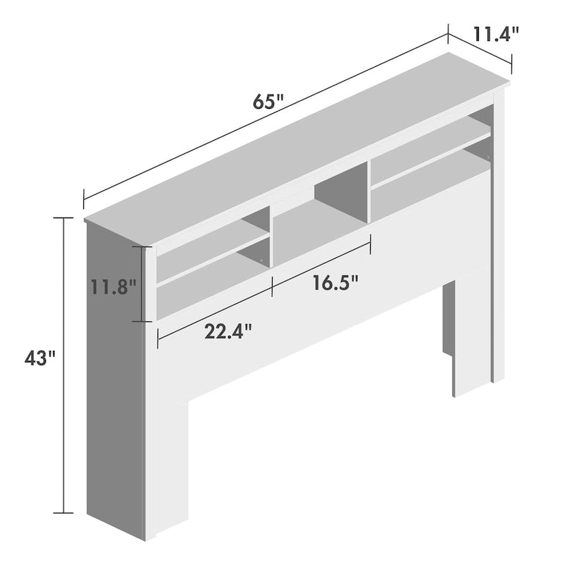 Tête de lit bibliothèque Blanche Queen avec lumières LED et gestion des câbles – Style contemporain, pour 1 ou 2 personnes