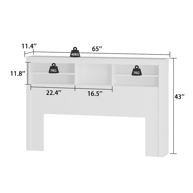 Tête de lit bibliothèque Blanche Queen avec lumières LED et gestion des câbles – Style contemporain, pour 1 ou 2 personnes