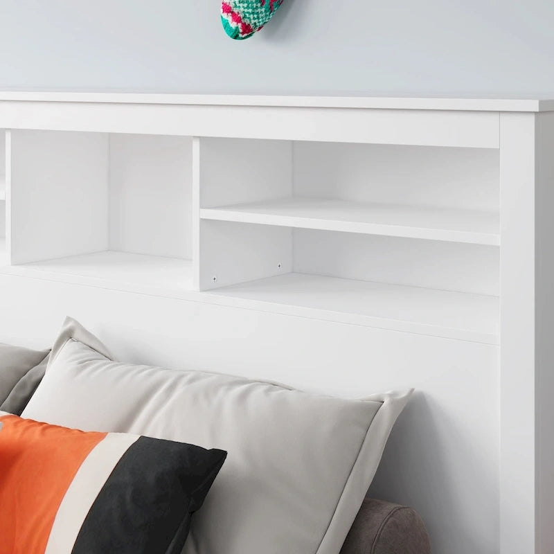 Tête de lit bibliothèque Blanche Queen avec lumières LED et gestion des câbles – Style contemporain, pour 1 ou 2 personnes