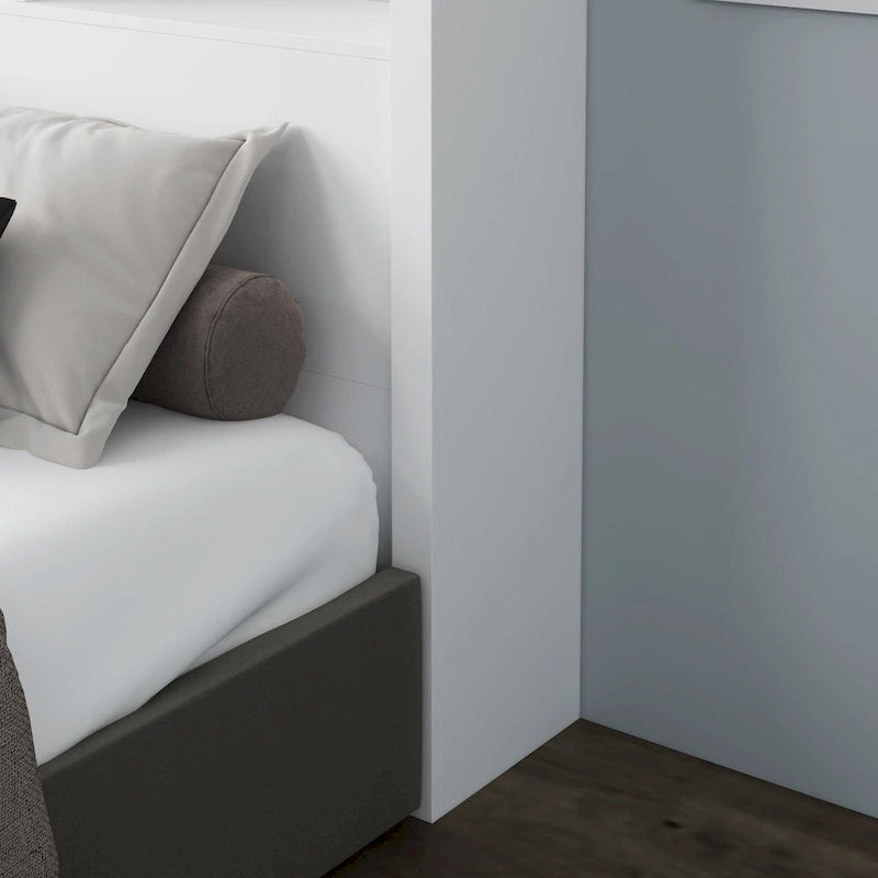 Tête de lit bibliothèque Blanche Queen avec lumières LED et gestion des câbles – Style contemporain, pour 1 ou 2 personnes