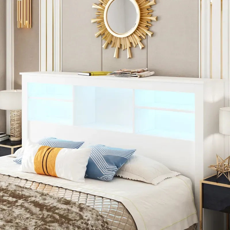 Tête de lit bibliothèque Blanche Queen avec lumières LED et gestion des câbles – Style contemporain, pour 1 ou 2 personnes