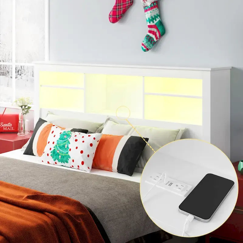 Tête de lit bibliothèque Blanche Queen avec lumières LED et gestion des câbles – Style contemporain, pour 1 ou 2 personnes
