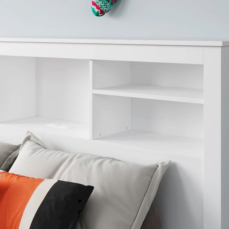 Tête de lit bibliothèque Blanche Queen avec lumières LED et gestion des câbles – Style contemporain, pour 1 ou 2 personnes