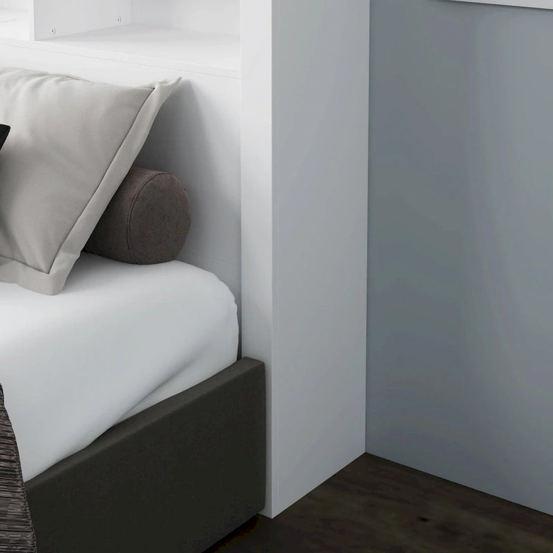 Tête de lit bibliothèque Blanche Queen avec lumières LED et gestion des câbles – Style contemporain, pour 1 ou 2 personnes